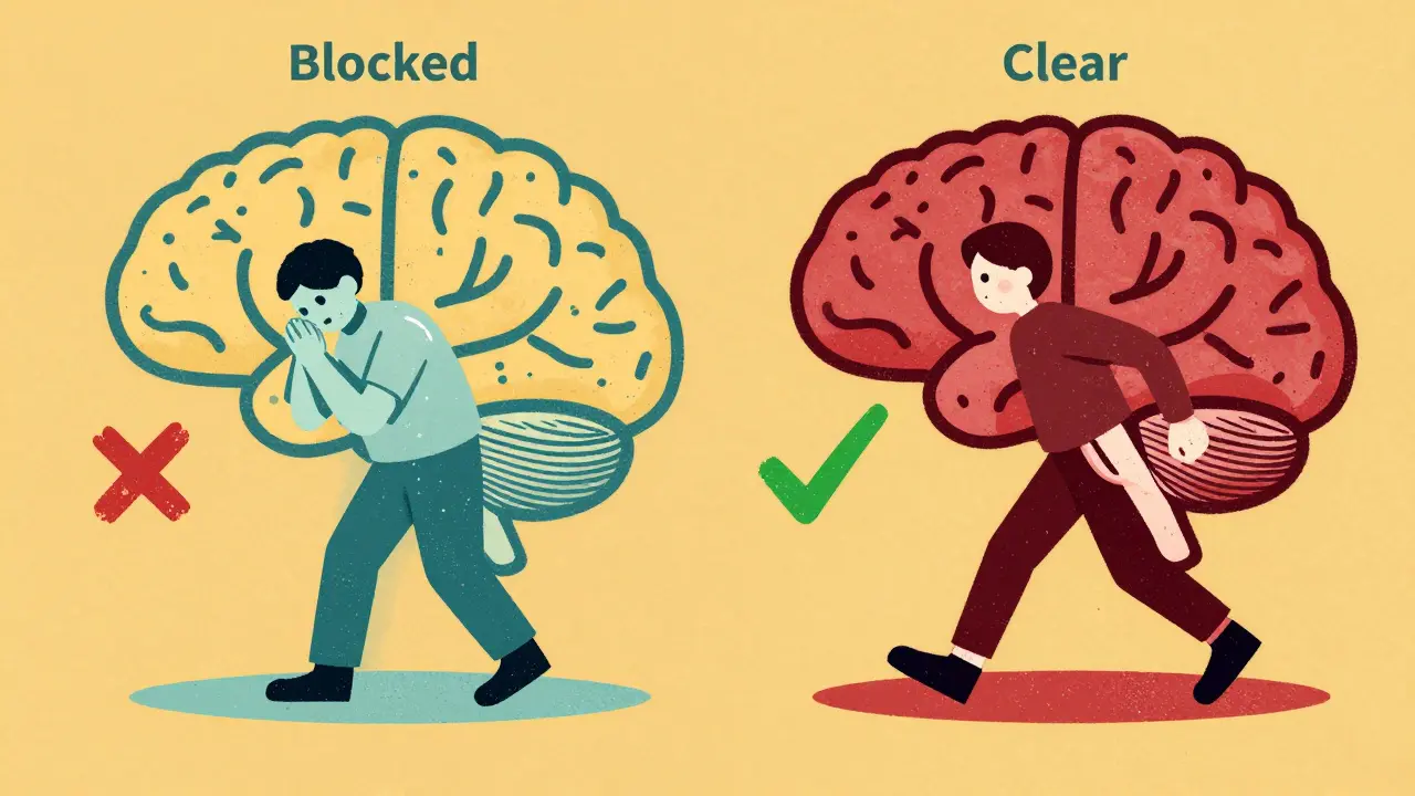Comparison showing the difference between a blocked dopamine path and a clear, fluid one.