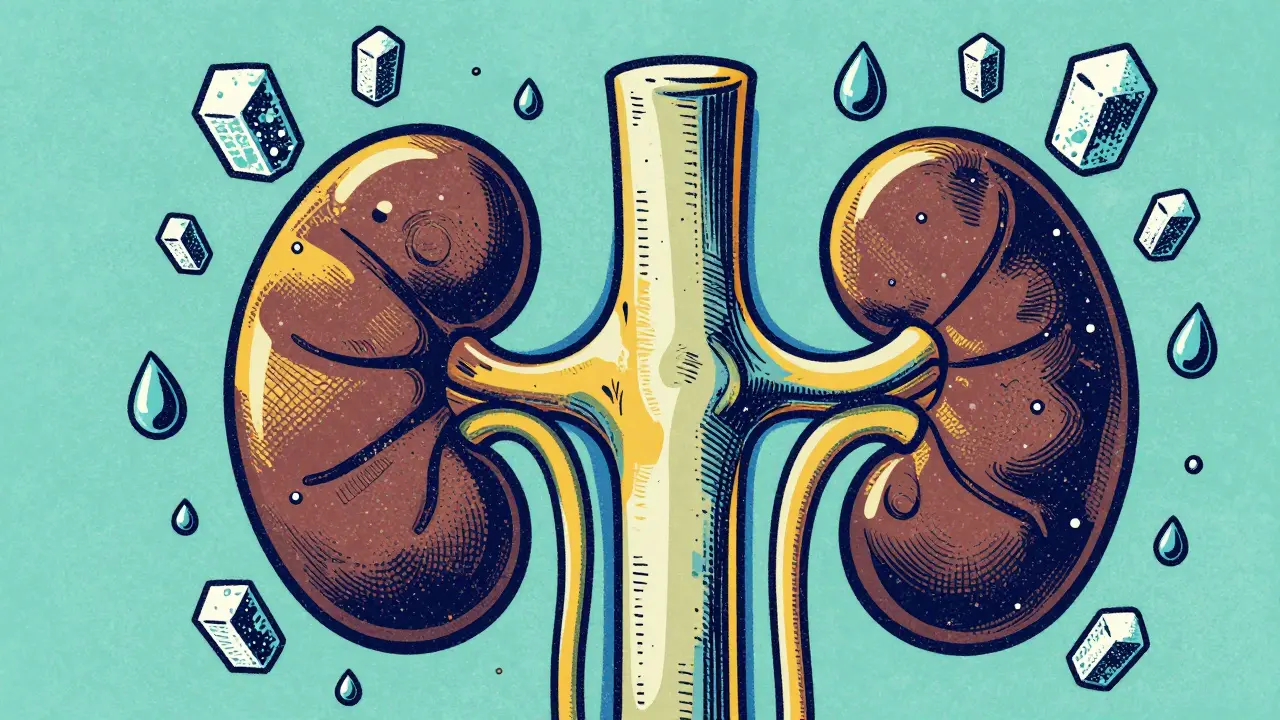 Conceptual illustration of salt retention and narrowed blood vessels in the body.