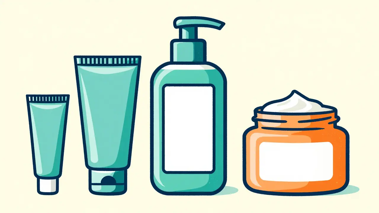 Different types of acne treatments including a gel, a wash, and a moisturizer.