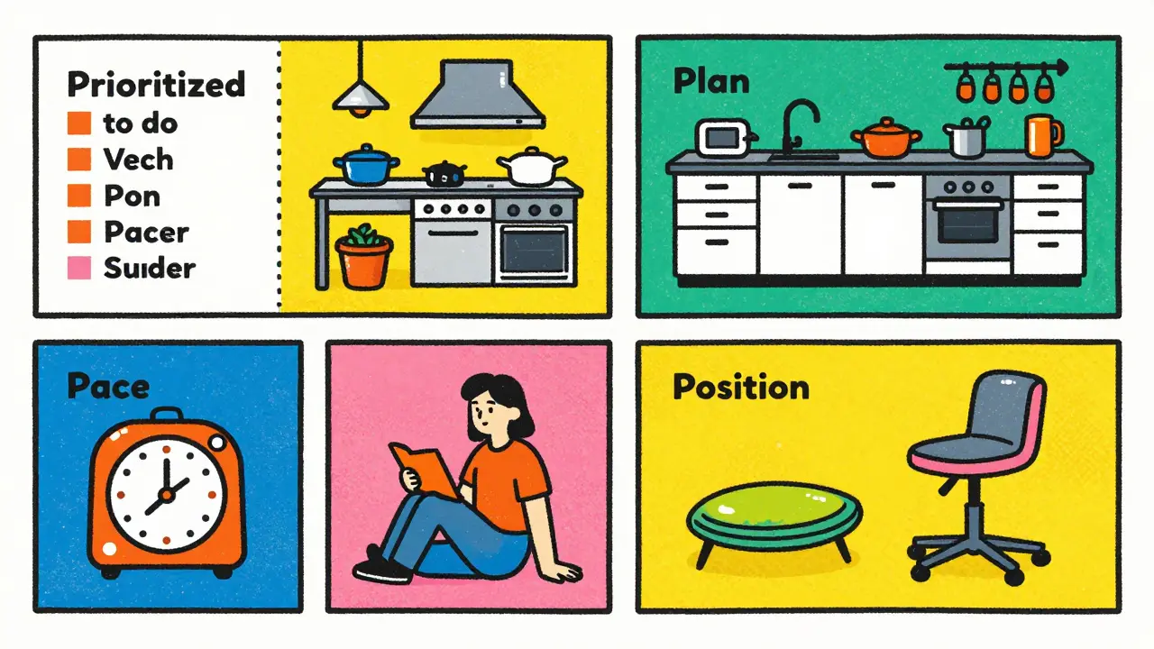 Four-panel illustration showing energy conservation techniques in a home.