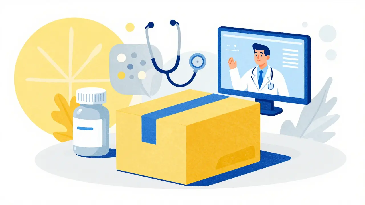 Illustration of a medication package and digital health icons in bold colors.