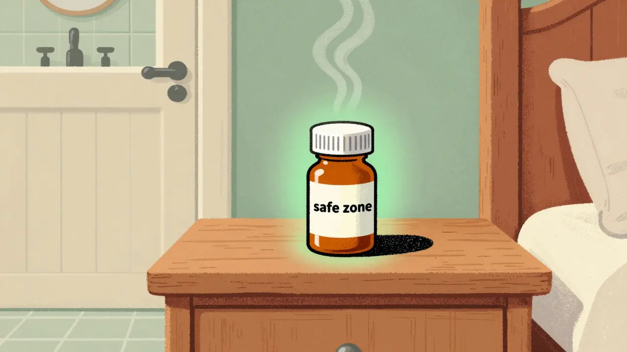 Medication bottle stored safely on a nightstand away from a bathroom.
