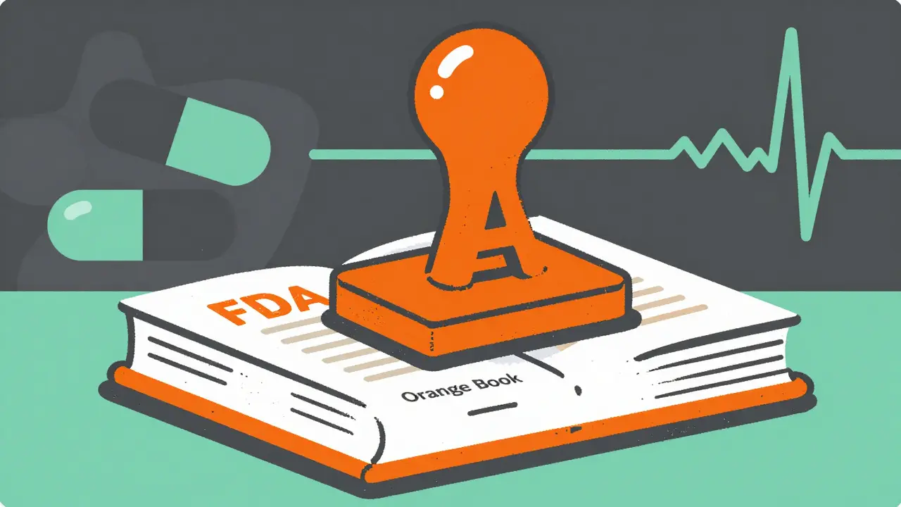 Open orange book with a bold letter A indicating therapeutic equivalence