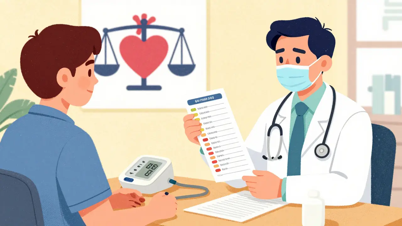 Patient and doctor reviewing a medication list with a blood pressure monitor on the table.