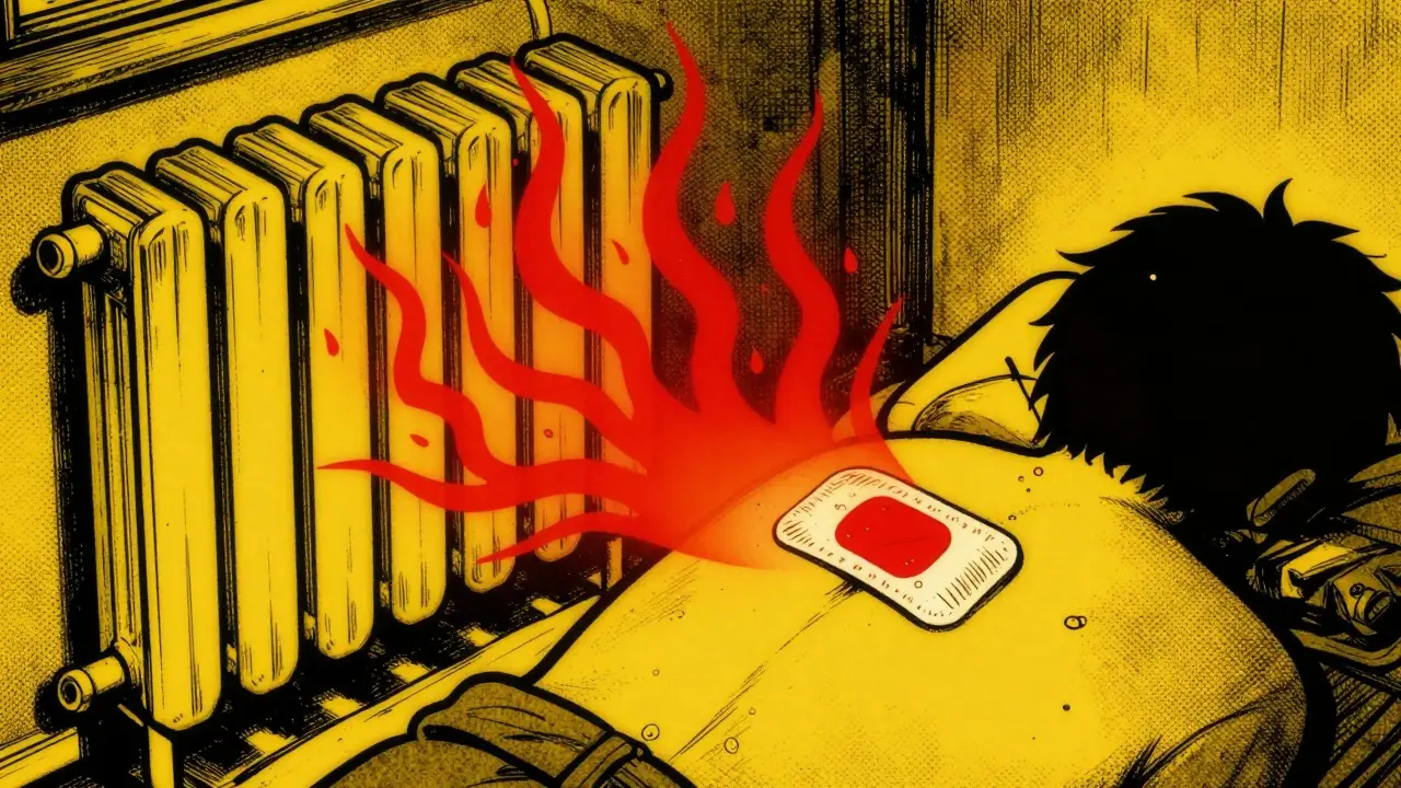 Warning scene of patch near heat source causing risk