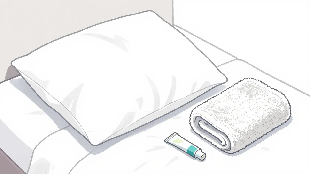 White pillowcase and towel next to a tube of acne cream to avoid bleaching fabrics.